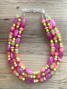 Ibiza Statement Necklace, Chunky 3 Strand Jewelry, pink coral green necklace hot pink purple necklace, silver bib beaded necklace