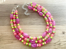 Load image into Gallery viewer, Ibiza Statement Necklace, Chunky 3 Strand Jewelry, pink coral green necklace hot pink purple necklace, silver bib beaded necklace