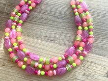 Load image into Gallery viewer, Ibiza Statement Necklace, Chunky 3 Strand Jewelry, pink coral green necklace hot pink purple necklace, silver bib beaded necklace