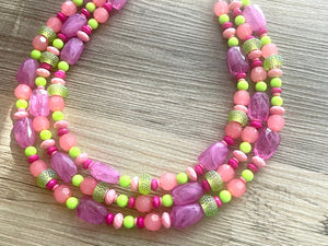 Ibiza Statement Necklace, Chunky 3 Strand Jewelry, pink coral green necklace hot pink purple necklace, silver bib beaded necklace