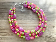 Load image into Gallery viewer, Ibiza Statement Necklace, Chunky 3 Strand Jewelry, pink coral green necklace hot pink purple necklace, silver bib beaded necklace