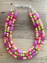 Load image into Gallery viewer, Ibiza Statement Necklace, Chunky 3 Strand Jewelry, pink coral green necklace hot pink purple necklace, silver bib beaded necklace