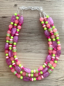 Ibiza Statement Necklace, Chunky 3 Strand Jewelry, pink coral green necklace hot pink purple necklace, silver bib beaded necklace