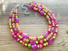 Load image into Gallery viewer, Ibiza Statement Necklace, Chunky 3 Strand Jewelry, pink coral green necklace hot pink purple necklace, silver bib beaded necklace