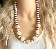 Load image into Gallery viewer, Red White Blue Chunky Long Statement Necklace, long silver necklace, beaded long necklace, red wood beaded statement jewelry