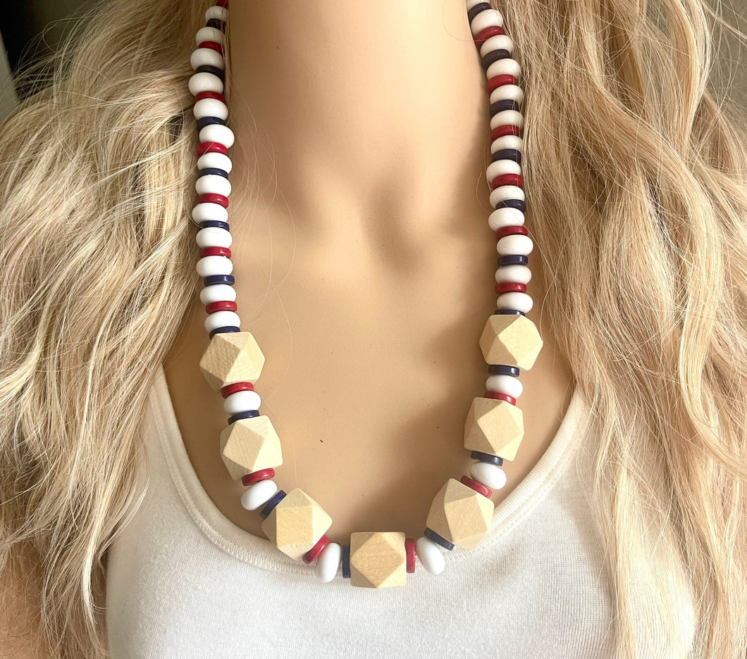 Red White Blue Chunky Long Statement Necklace, long silver necklace, beaded long necklace, red wood beaded statement jewelry