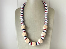 Load image into Gallery viewer, Red White Blue Chunky Long Statement Necklace, long silver necklace, beaded long necklace, red wood beaded statement jewelry