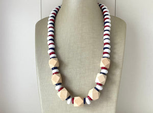 Red White Blue Chunky Long Statement Necklace, long silver necklace, beaded long necklace, red wood beaded statement jewelry