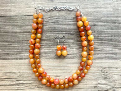 Orange Crush double strand OOAK statement Necklace, Orange marigold yellow Beaded Necklace, summer silver jewelry
