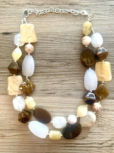 Gimme S’more statement necklace, neutral necklace, Beaded statement necklace, bib necklace, white chocolate brown tan statement jewelry