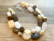 Load image into Gallery viewer, Gimme S’more statement necklace, neutral necklace, Beaded statement necklace, bib necklace, white chocolate brown tan statement jewelry