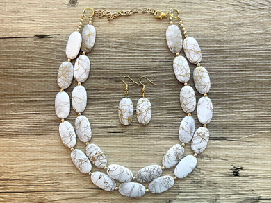 White & Gold Big Bead Necklace, gold Strand Statement Jewelry, clear Chunky bib, bridesmaid necklace, beaded jewelry painted