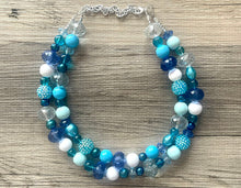 Load image into Gallery viewer, Blue Sparkle Statement Necklace, chunky bib beaded jewelry, navy royal blue necklace, dark blue beaded acrylic jewelry white sky blue