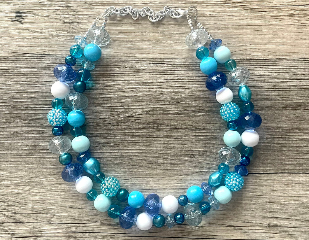 Blue Sparkle Statement Necklace, chunky bib beaded jewelry, navy royal blue necklace, dark blue beaded acrylic jewelry white sky blue