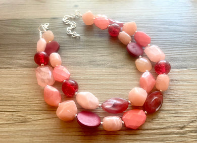 Dirty Shirley double strand OOAK statement Necklace, Coral Peach Red resin clear Beaded Necklace, summer silver jewelry pink coral