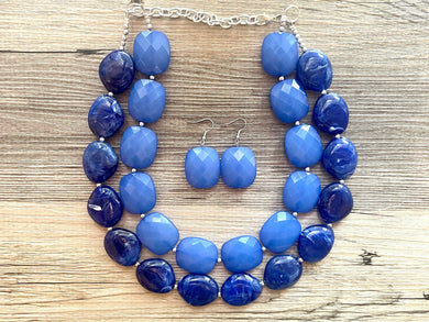 Royal Blue Double Strand Statement Necklace, Chunky Royal Blue Oval Beaded Bib Jewelry, blue jewelry, dark blue jewlery necklace earrings