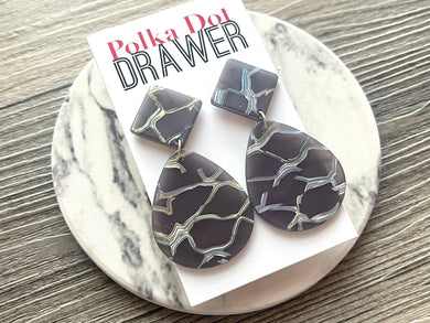 Gray Crackle Shell Teardrop earrings, round circle earrings, tortoise jewelry, smoke gray earrings, tortoise blush acetate earring glitter