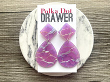 Load image into Gallery viewer, Purple Crackle Shell Teardrop earrings, round circle earrings, tortoise shell jewelry, light purple tortoise acetate earring glitter