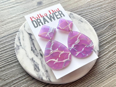 Purple Crackle Shell Teardrop earrings, round circle earrings, tortoise shell jewelry, light purple tortoise acetate earring glitter