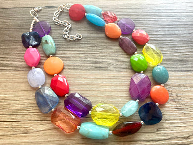 Rainbow Sangria double strand OOAK statement Necklace, Yellow Pink Beaded Necklace, summer silver jewelry island necklace lemonade