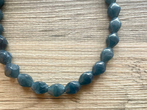 Vintage Gray Blue Single Strand Statement Necklace, Bridesmaid Everyday Bib Jewelry, navy blue & silver beaded jewelry strand