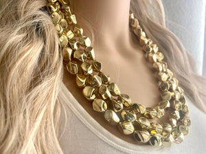 Gold Royale chunky statement necklace, big beaded jewelry, gifts for women bib jewelry Multi-Strand Nugget metallic resin gold painted