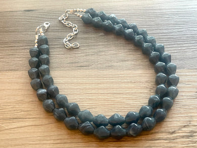 Vintage Gray Blue Double Strand Statement Necklace, Bridesmaid Everyday Bib Jewelry, navy blue & silver beaded jewelry strand