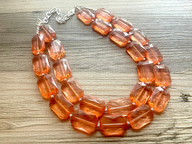 Coral Big Beaded Statement Necklace, beaded jewelry, peach beaded necklace, coral necklace chunky beaded bib earrings