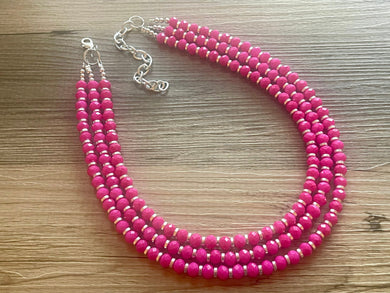 Hot Pink & Silver Glass Chunky Pink Statement Necklace, multi strand bright jewelry, chunky statement necklace hot pink necklace bright pink