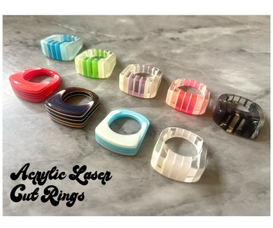 Laser Acrylic Cut Rainbow Stack Rings, chunky retro rings, thick rings, 70s 80s inspired vintage style stacked rings, red statement blue