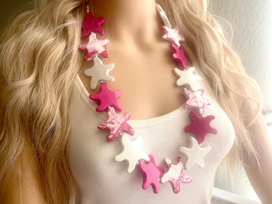 Pink Painted Starfish beaded statement necklace, single strand necklace, white long jewelry, big bead jewelry, silver summer chain necklace