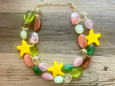 Chi Chi Cocktail Chunky Statement Necklace, Big beaded jewelry, Double Strand Statement Necklace, Bib pineapple yellow blush pink green
