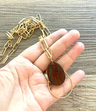 Load image into Gallery viewer, SALE! Dragon Vein turquoise Long Gold necklace, box chain gold statement necklace, red brown teardrop charm pendant