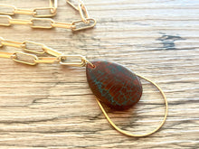 Load image into Gallery viewer, SALE! Dragon Vein turquoise Long Gold necklace, box chain gold statement necklace, red brown teardrop charm pendant