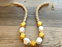 Load image into Gallery viewer, Gold &amp; White Chunky Long Statement Necklace, long gold necklace, beaded long necklace, white wood beaded statement jewelry