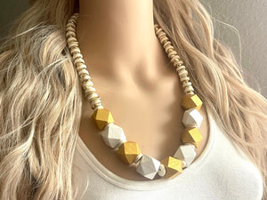 Gold & White Chunky Long Statement Necklace, long gold necklace, beaded long necklace, white wood beaded statement jewelry