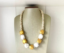 Load image into Gallery viewer, Gold &amp; White Chunky Long Statement Necklace, long gold necklace, beaded long necklace, white wood beaded statement jewelry