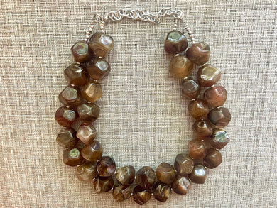 Chocolate Chunky Storm Statement Necklace, Big beaded jewelry, Double Strand Geometric Brown smoke Bib necklace bridesmaid wedding silver