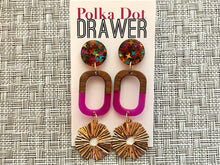 Load image into Gallery viewer, Gold Sunburst + Wood Resin statement earrings, Geometric bead Statement acetate colorful jewelry confetti drop hook earrings