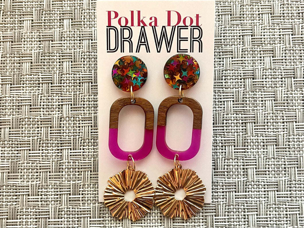 Gold Sunburst + Wood Resin statement earrings, Geometric bead Statement acetate colorful jewelry confetti drop hook earrings