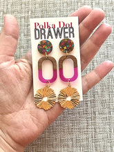 Load image into Gallery viewer, Gold Sunburst + Wood Resin statement earrings, Geometric bead Statement acetate colorful jewelry confetti drop hook earrings