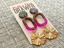 Load image into Gallery viewer, Gold Sunburst + Wood Resin statement earrings, Geometric bead Statement acetate colorful jewelry confetti drop hook earrings