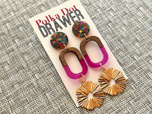 Load image into Gallery viewer, Gold Sunburst + Wood Resin statement earrings, Geometric bead Statement acetate colorful jewelry confetti drop hook earrings