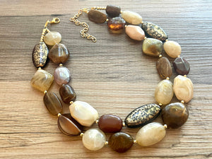 Espresso Martini double strand OOAK statement Necklace, Brown tan coffee champagne Beaded Necklace, summer silver jewelry