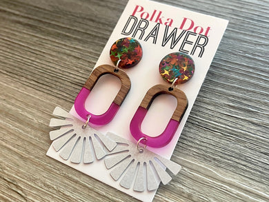 White Sunburst + Wood Resin statement earrings, Geometric bead Statement acetate colorful jewelry confetti drop hook earrings