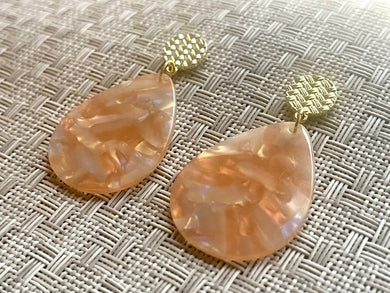 Peach Mosaic Drop earrings, teardrop earrings, gold braided light pink geometric earrings pierced dangle drop Statement, hologram orange