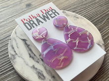 Load image into Gallery viewer, Colorful Geometric earrings, round &amp; teardrop earrings acrylic acetate lucite drop jewelry, red yellow gray purple blue earrings