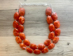 Ginger Orange Chunky Statement Necklace, Big beaded jewelry, Double Strand Statement Necklace, Bib necklace orange bridesmaid wedding silver