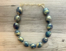 Load image into Gallery viewer, Dark Blue GLITTER Gold Statement Necklace Jewelry Set, Chunky Jewelry Big Beaded Single Strand Necklace, blue Necklace navy blue Jewelry Set