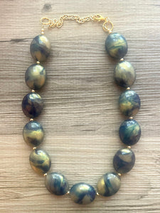 Dark Blue GLITTER Gold Statement Necklace Jewelry Set, Chunky Jewelry Big Beaded Single Strand Necklace, blue Necklace navy blue Jewelry Set